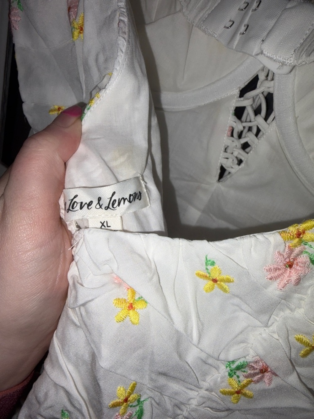 NWT For Love And Lemons White Floral Lace-Up Ruched Mini Dress - Picture 7 of 7